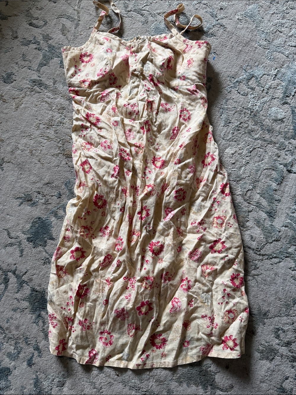 GAP Cream Floral Sundress with Pink Flower Print 100 pct linen